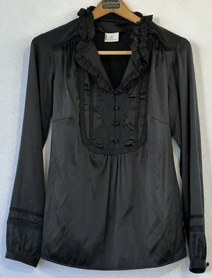 Blusa Sonia Bogner de seda com babados preta carreira tamanho 8 ocasião especial - Imagem 1 de 3