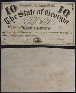 1863 January 1st - The State of Georgia - Milledgeville - 10¢ Note - SN#10031 - Picture 1 of 3
