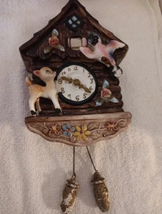 VTG Ceramic Faux Cuckoo Clock Wall Pocket Planter W Deer Bird Motif 8 In - Picture 1 of 5