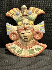 2 Vintage Aztec Mayan Mask Wall Art Terracotta Face Masks - Picture 1 of 4