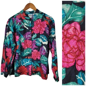 Chicos Silk Jacket size XL 3 Floral Embroidered Rose Leaf Print Red Green Black - Picture 1 of 4