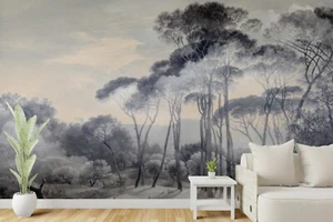 Rural painting retro trees mural Peel and stick Regular wallpaper Vintage scenic - Picture 1 of 12