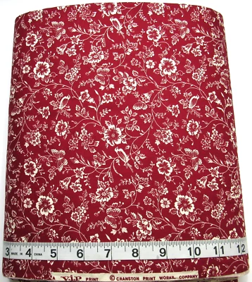 Vintage White Florals Birds Butterflies On Red BTY Cranston Cotton Quilt Fabric - Image 1 of 3