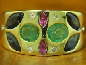 Yellow Gold Gemstone Ring / 14kt 585 / Diamond, Sapphire, Ruby, Emerald / 6.9g / RG55 - Picture 1 of 6