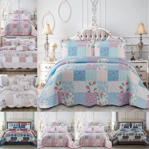 3 Piece Quilted Patchwork Bedspread Luxury Bed Throw Double King Size Comforter - Picture 1 of 29