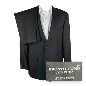 Pronto Uomo 2 Piece Suit Mens 41R 35x28 Black Check Super 120s Wool Flat Front - Picture 1 of 12