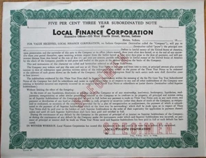 Local FInance Corporation - Marion, IN 1940s SPECIMEN Stock/Bond Certificate - Picture 1 of 1