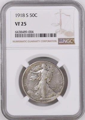 1918-S Walking Liberty Half Dollar 50c VF25 NGC Graded - Image 1 of 2