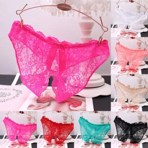 Women's Lace Panties Crotchless Underwear Thongs Lingerie G-string Floral Briefs - Photo 1/19