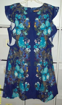 Marc Bouwer Scuba Dress Blue Floral Knee Length Sz XL Ruffle Shoulder Sleeveless - Image 1 of 4
