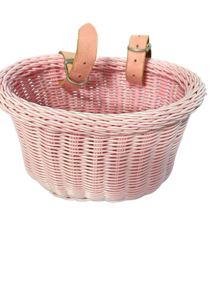 "Cesta de bicicleta tejida de plástico rosa para niños correas de cuero 10,5"" X 6,5""" Foto 1 de 4