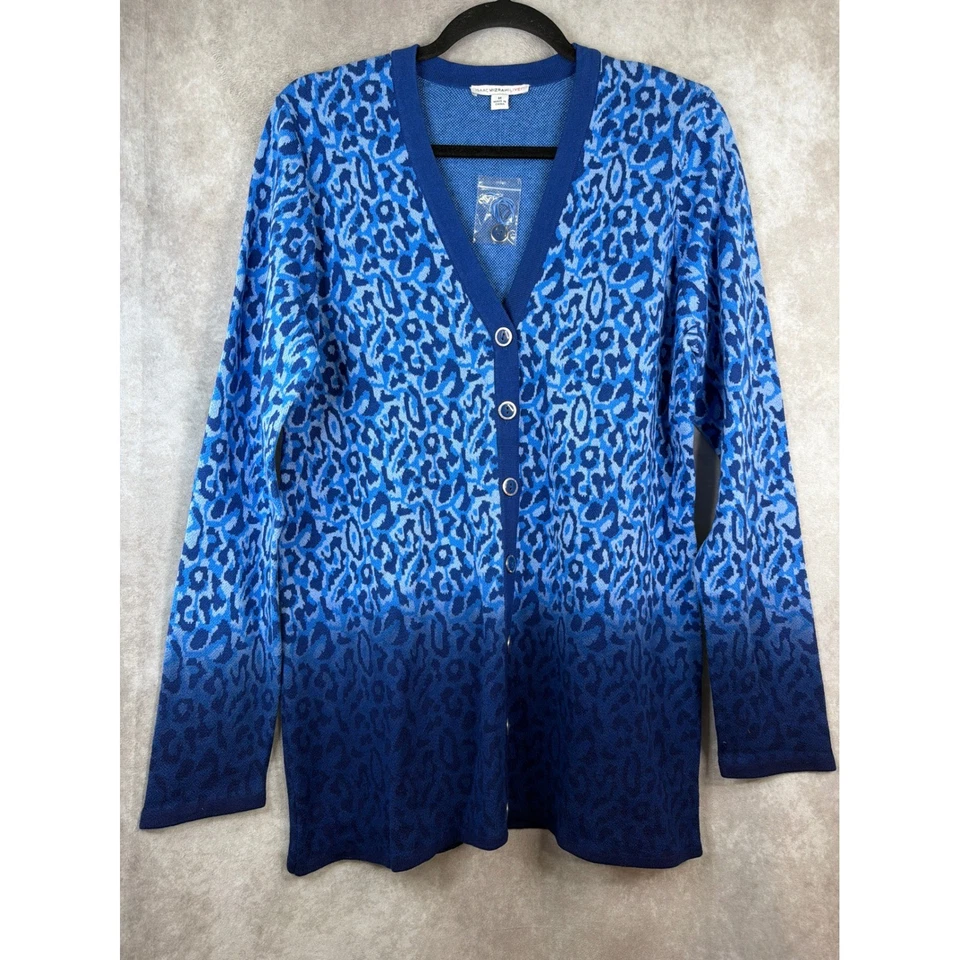NUEVO SIN ETIQUETAS ISAAC MIZRAHI LIVE Leopardo Ombre Azul Cárdigan Suéter Para Mujer Talla M Foto 1 de 4