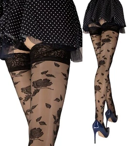 Elegant Rose Patterned Hold Up Stockings with Lace Top Stay Ups 20 Denier - Picture 1 of 17