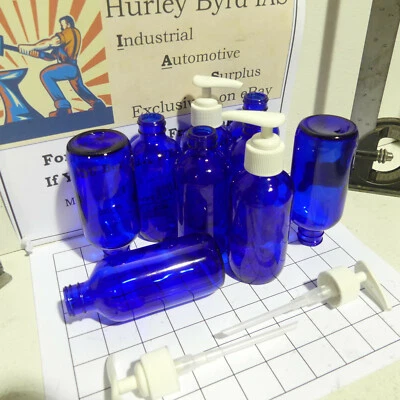 Qty 2: Beautiful 4 oz Cobalt Blue Boston Round Glass Bottle w/ White Lotion Pump - Image 1 of 4