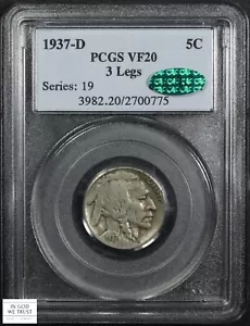 1937 D Three Legged Buffalo Nickel 5C PCGS VF 20 CAC - Picture 1 of 4