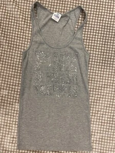 Victoria's Secret PINK Gray Tank Top PINK IS WHERE THE HEART IS Silver Glitter M - Picture 1 of 4