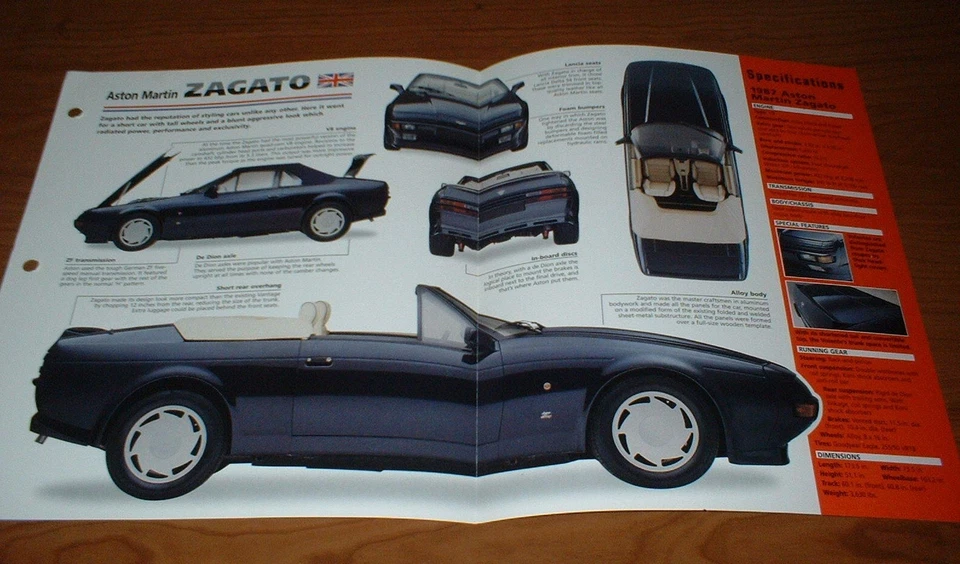 Aston Martin Zagato 1987 hoja de especificaciones folleto foto información folleto 86 convertible Foto 1 de 1