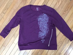 New JMS JUST MY SIZE 1X Burgundy Cotton Blend Pullover Top Zipper Paisley (U20) - Picture 1 of 7