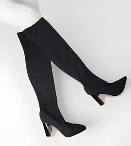 Zara Over the Knee Thigh High Sock Boots Black Block Heel Womens 9/40 SEXY EUC - Picture 1 of 6