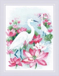 Lotus Field - Garzas - Kit de punto de cruz contado Riolis nuevo - Imagen 1 de 1