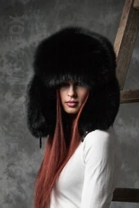 Scandinavian blue fox fur trapper hat in black - Picture 1 of 3
