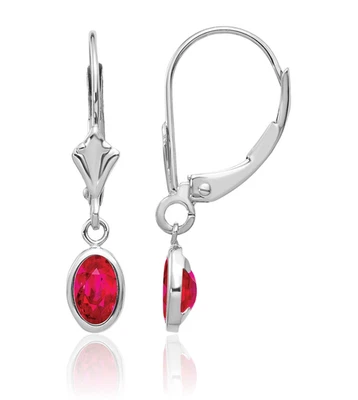 14K Solid White Gold Oval Ruby Dangle Earrings - Image 1 of 4