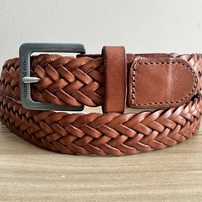Vineyard Vines Hombres 38 Cinturón Tejido Trenzado Tabaco Marrón Cuero Hebilla Plateada Foto 1 de 4