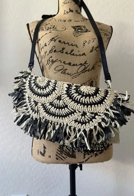 Bandolera sin asas Patricia Nash Loulia tejida de paja con ribete de cuero negra nueva con etiquetas Foto 1 de 4