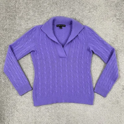 Suéter feminino Ralph Lauren Black Label médio cashmere roxo malha de cabo preppy - Imagem 1 de 4