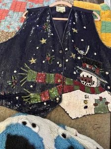 Vtg Christmas Sequin Bling Snowman  Vest Navy Party The Quacker Factory Sz 1X - Picture 1 of 6