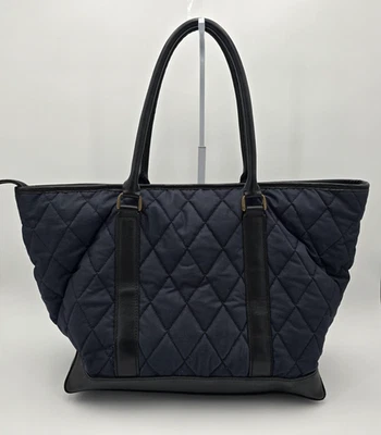LL Bean Tote Bag Women Large Navy Quilted Leather Trim Plaid Lined Carryall Hobo - Image 1 of 4