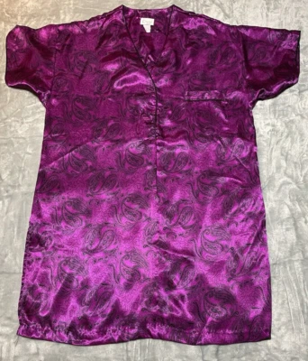 Cinema Etoile Robe Women's Size Medium Night Shirt Satin Purple and Black Pocket - Image 1 of 4