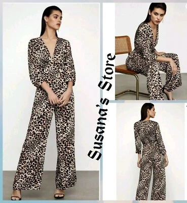 BCBG MAX AZRIA TALLA L ESTAMPADO LEOPARDO CUELLO EN V PIERNA ANCHA MONO Foto 1 de 4