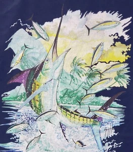 Guy Harvey Mens T-Shirt Size Medium Blue Short Sleeve Sword Fish Spellout - Picture 1 of 5