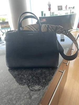 Black Leather Burberry Bag W Nova Check Interior And Removable Strap, Prestine - Image 1 of 4