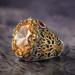 925 Sterling Silver Orange Citrine Stone Turkish Handmade Men's Ring Tree Life - Picture 1 of 5