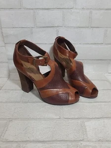 Vince Camuto Gabby 8.5 Brown Patchwork Leather Open Toe Heel Buckle Ankle Strap - Picture 1 of 11