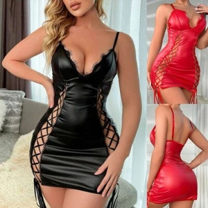 Women's V Neck Bodycon Dress in Wet Look Hollow Lingerie Clubwear Nightwear - Picture 1 of 16