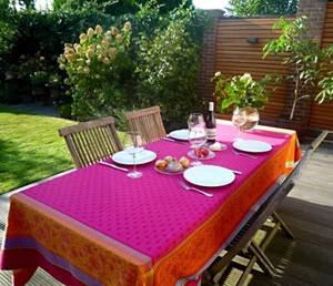 Jacquard cotton tablecloth 160x200 cm pink in France with Teflon protection - Picture 1 of 6