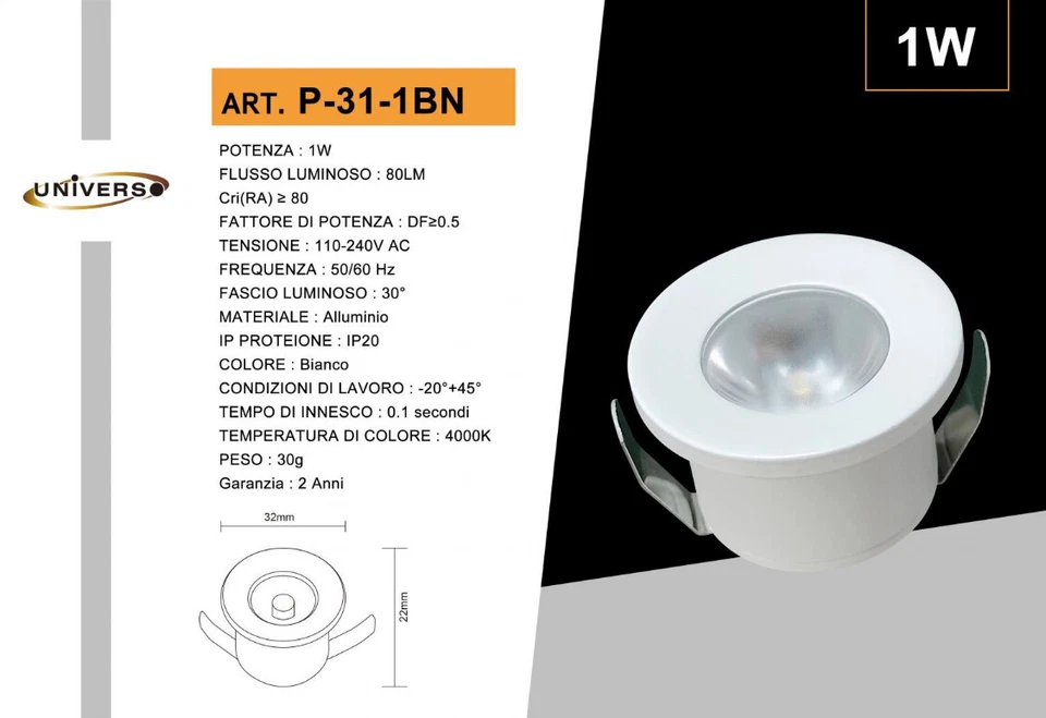 MINI FARETTO LED DA INCASSO PUNTO LUCE 1W 80 LUMEN BIANCO LUCE NATURALE 4000K - Immagine 1 di 1