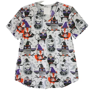 Cherokee Womens Size M Spooky Halloween Scrub Top Medical Vet Dental - Picture 1 of 14