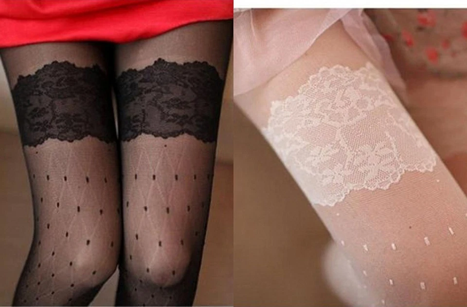 Medias pantimedias de encaje tatuaje muslo retro vintage negras blancas para mujer  Foto 1 de 2