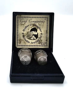 Vintage English Pewter Mother and Daughter Thimble Sewing Set Boxed - Picture 1 of 6