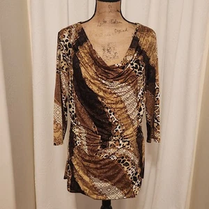 Carmen Women's XL Colorful Brown 3/4 Sleeve Pleated Tunic Top - Picture 1 of 5