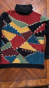 Vintage 1980s Cambridge dry goods Patchwork Turtle Neck Sweater size large - Picture 1 of 12