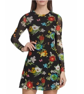 Alice + Olivia Delora Long Sleeve A-line Mesh mini dress in black multi Size 4 - Picture 1 of 10