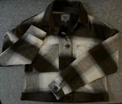 NWT Kut By The Kloth Women's Size Medium Wool Blend Cropped Olive Flannel Jacket - Image 1 of 4
