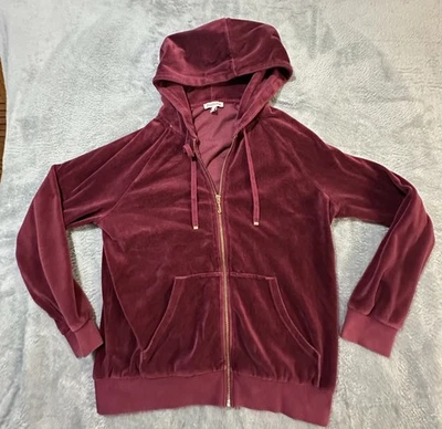 Juicy Couture Velour Zip Hoodie Large Burgundy Wine Red Gold J Zip Track Jacket - Image 1 of 4