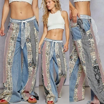 Pantalones de mezclilla Anthropologie POL retazos holgados tiro alto pierna ancha M Boho Hippie 32x31 Foto 1 de 4