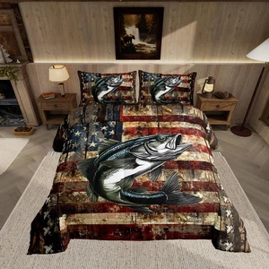 American Flag Comforter Set Big Pike Fish Bedding Set Full Size for Kids Boys... - Picture 1 of 7